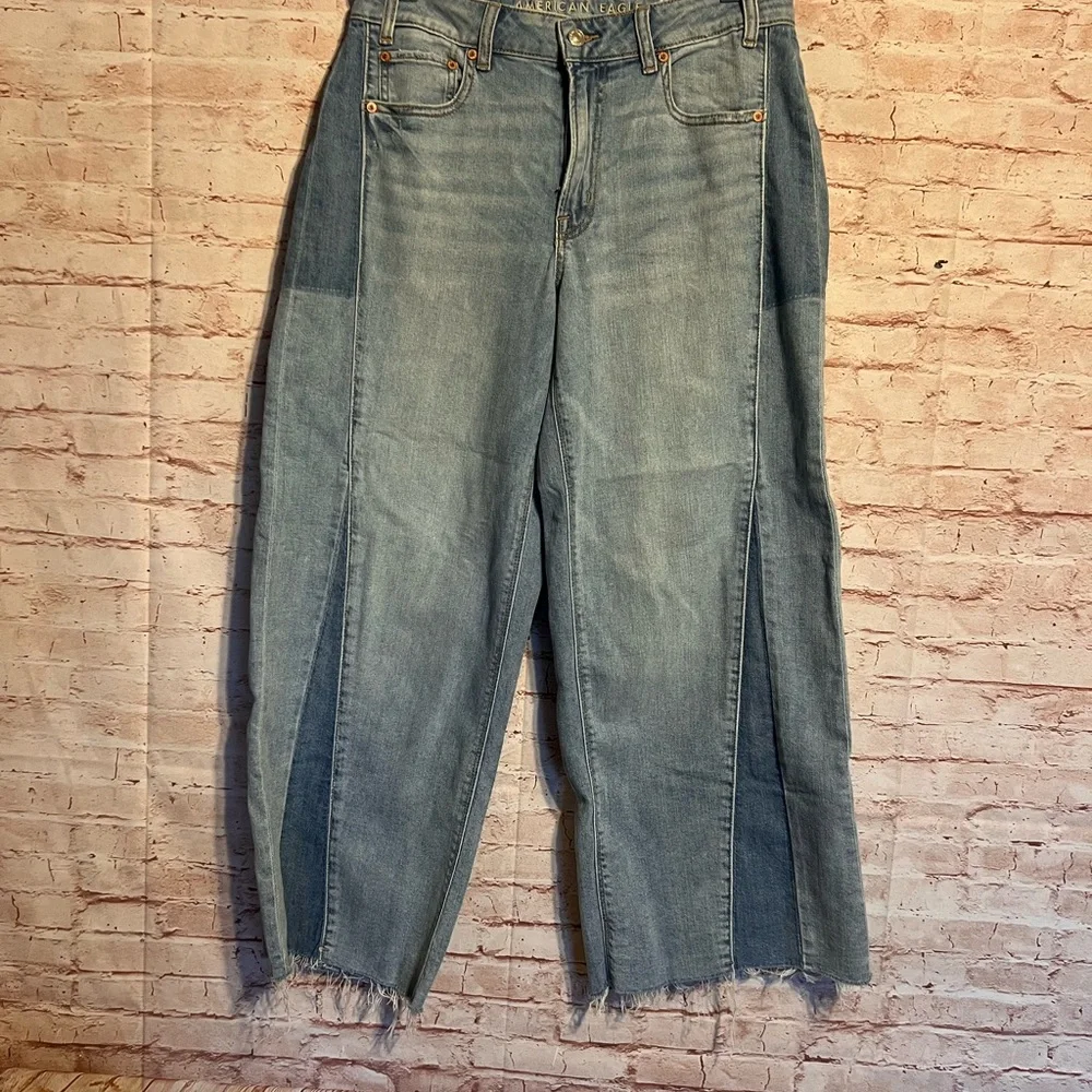 American Eagle low rise baggy stretch wide leg patchwork jeans size 8 short. - Picture 4 of 12